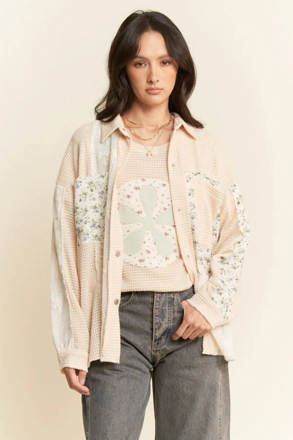 Davi & Dani Beige Multi Fabric Knit Shacket Curvy