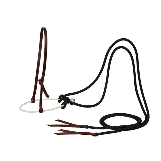 Loping hackamore with black reins on white background