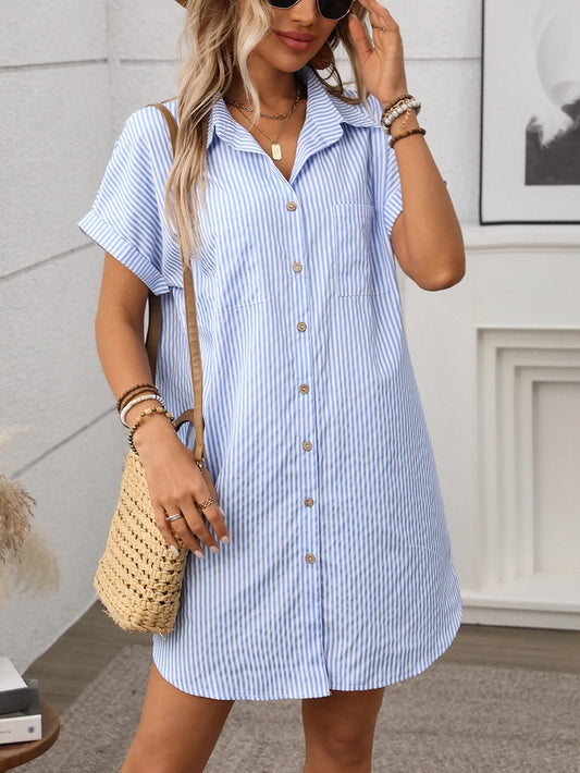 Short-Sleeved Striped Cotton Linen Dress
