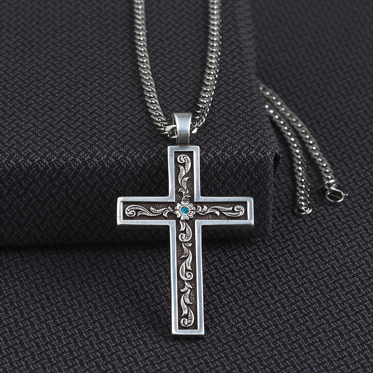 Twister 24" Cross with Aqua Stone Necklace