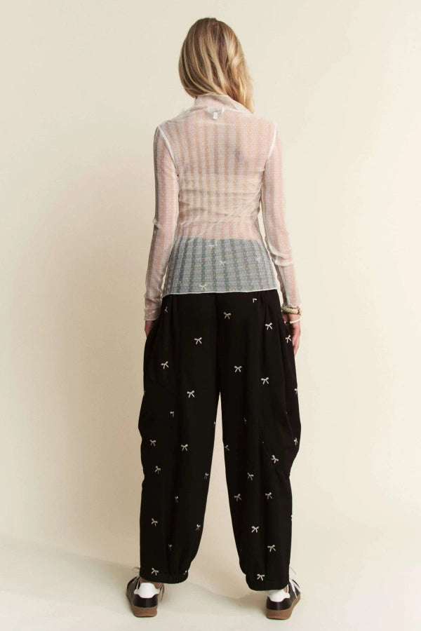 Davi & Dani Dotted Lace Turtleneck Sheer Mesh Top