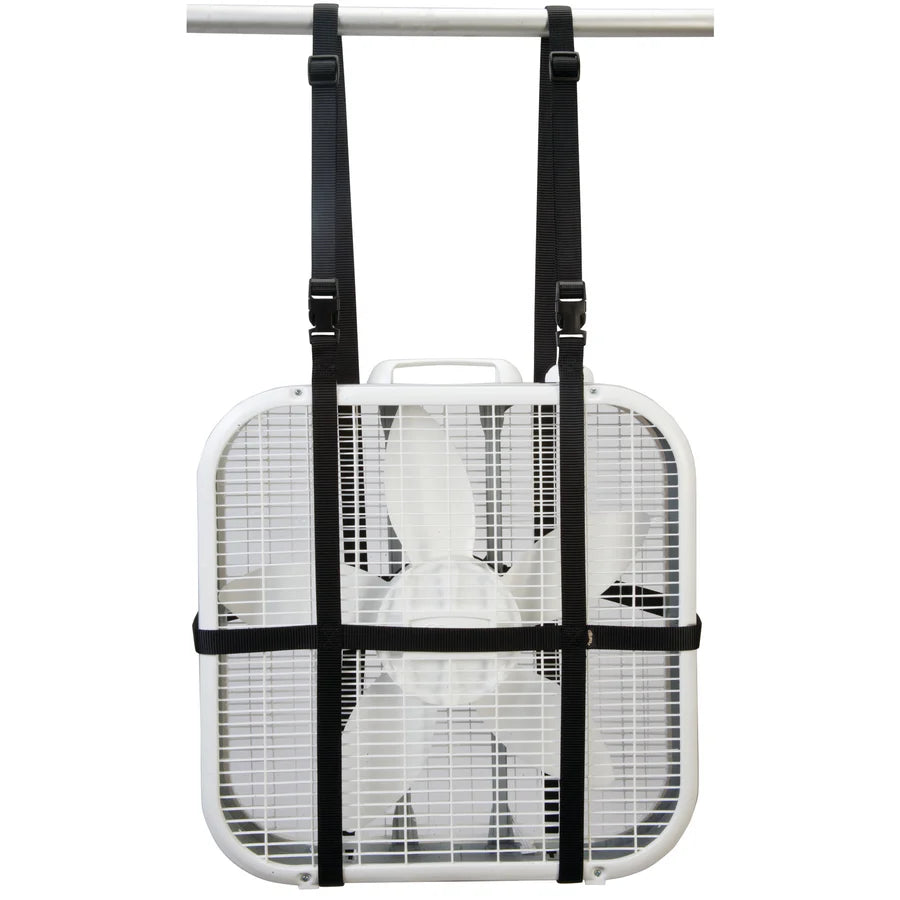 White box fan shown hanging in black straps on white background