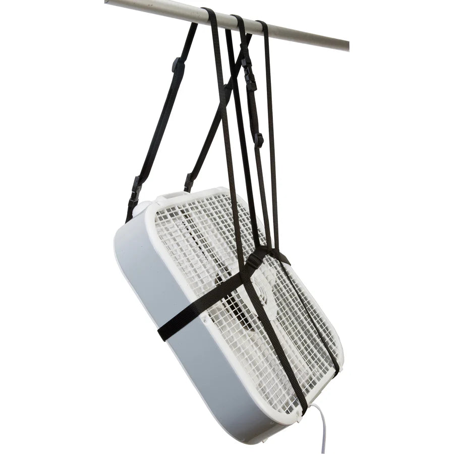Side/ Back view of white box fan shown hanging in black straps on white background
