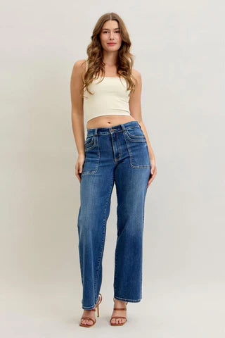 Judy Blue Mid Rise 90's Straight Front Patch Jeans