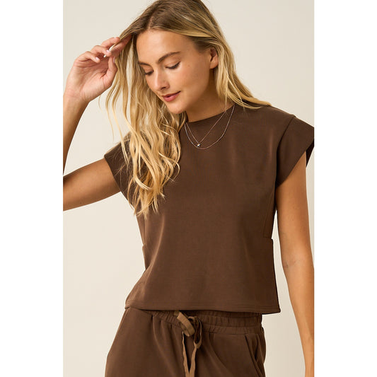 Cloud Knit Cap Sleeve Athleisure Top in Brown