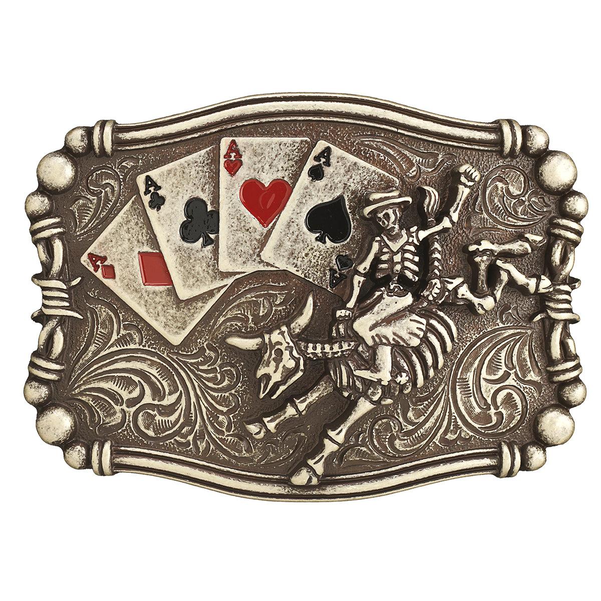 Nocona Aces & Skeleton Bull Rider Buckle