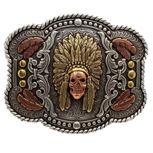 Nocona Rectangle Rope Edge Feather Skull Chief Buckle