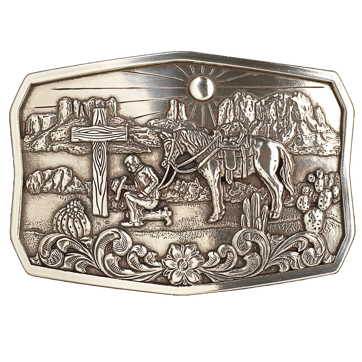 Nocona Antique Silver Praying Cowboy Rectangle Buckle