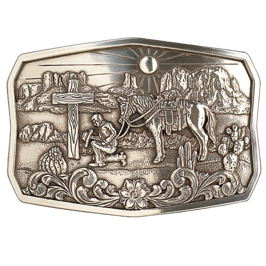 Nocona Antique Silver Praying Cowboy Rectangle Buckle
