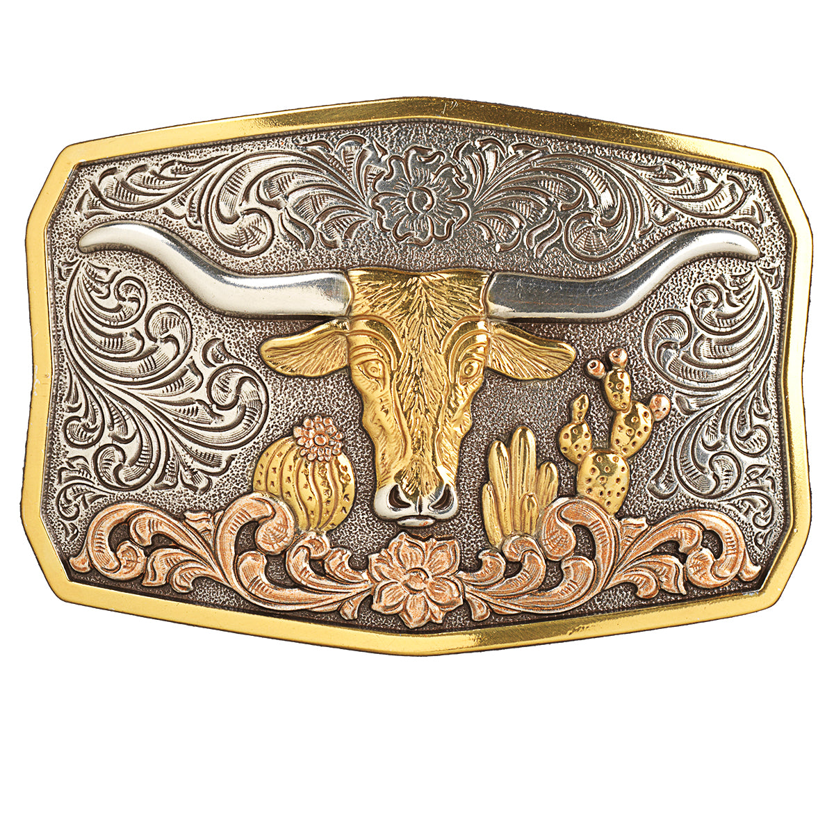 Nocona Antique Silver and Gold Rectangle Longhorn & Cactus Buckle