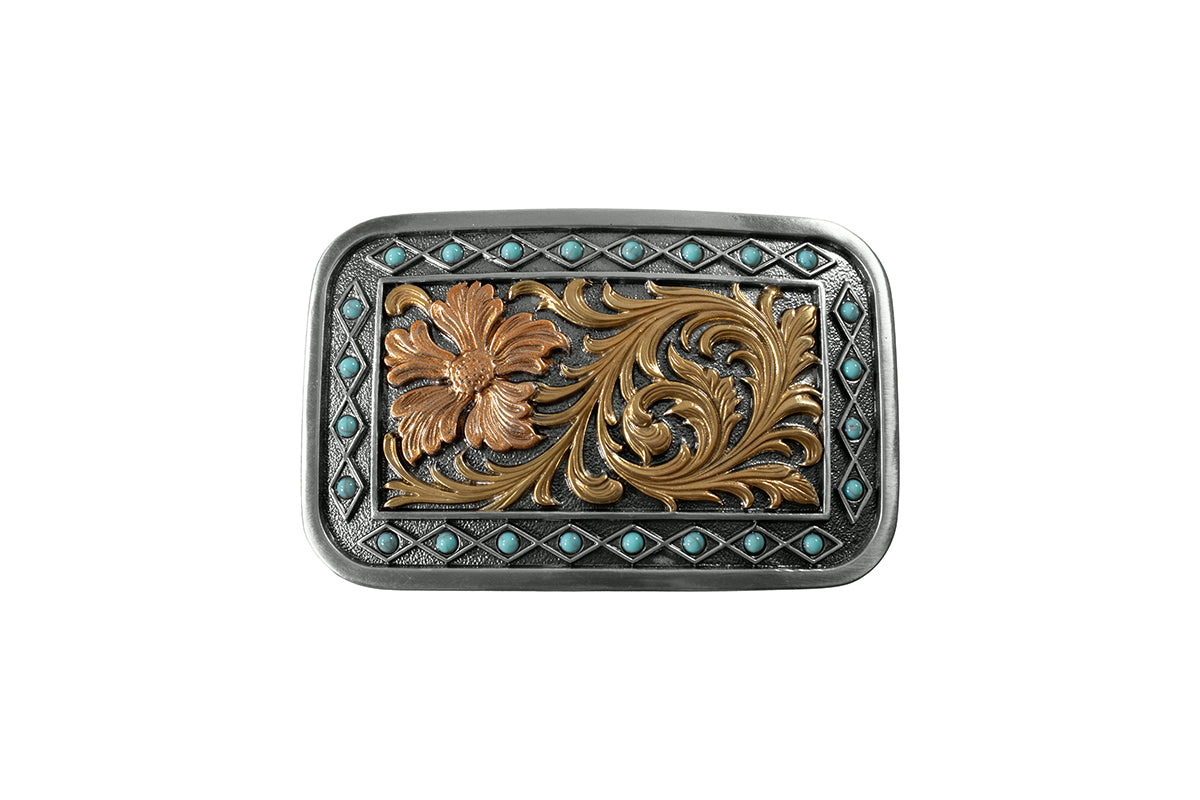Blazin Roxx Rectangle Flower & Turquoise Stones Buckle