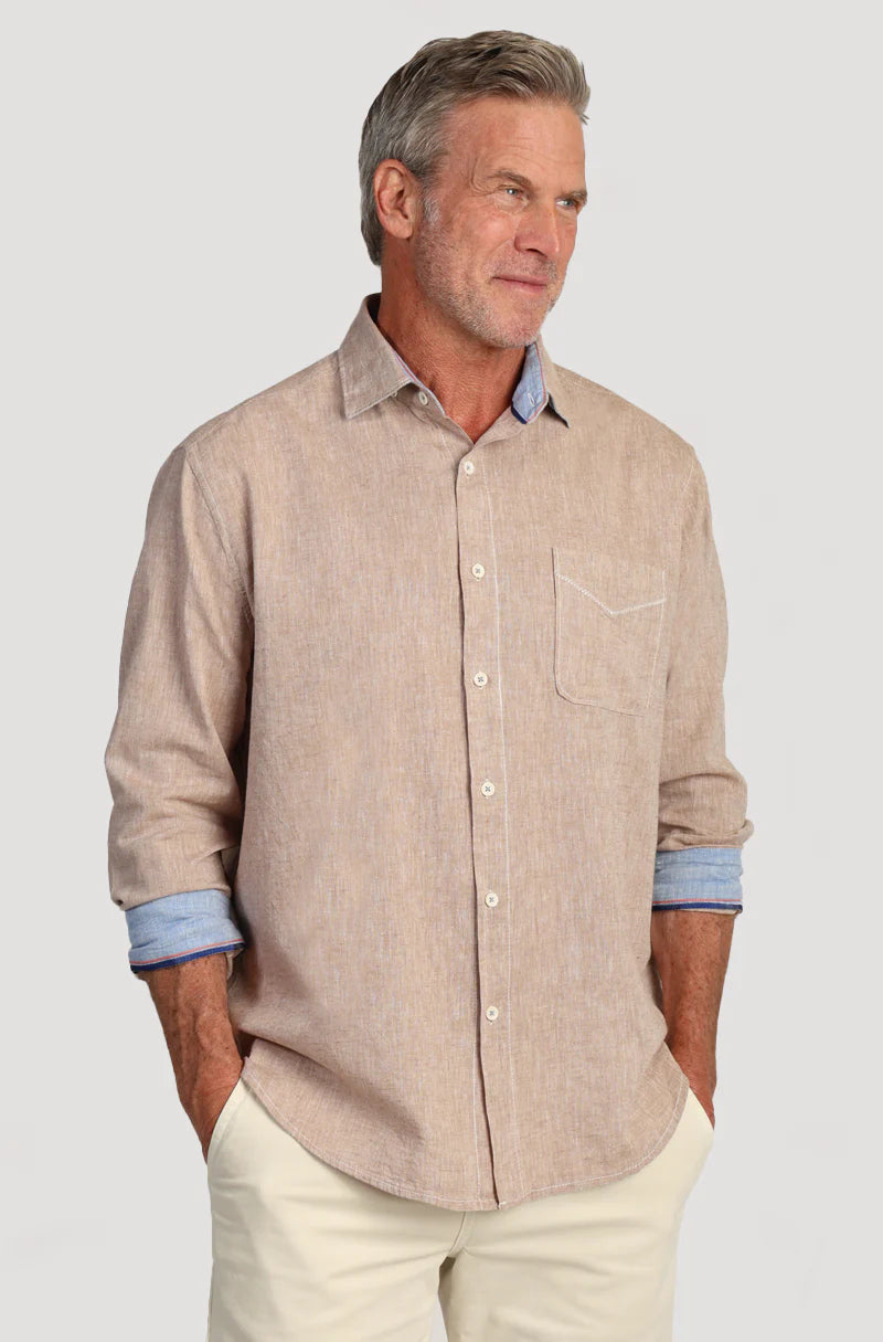 True Grit Washed Melange Linen Long Sleeve Shirt in Khaki
