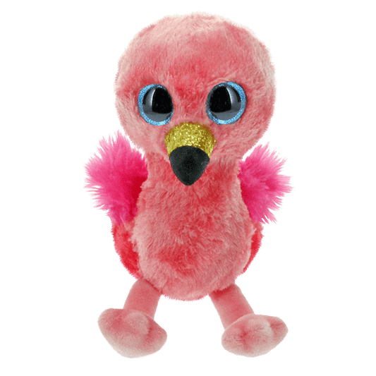 Pink plush flamingo with a heart-shaped Ty Beanie Boos tag on a white background