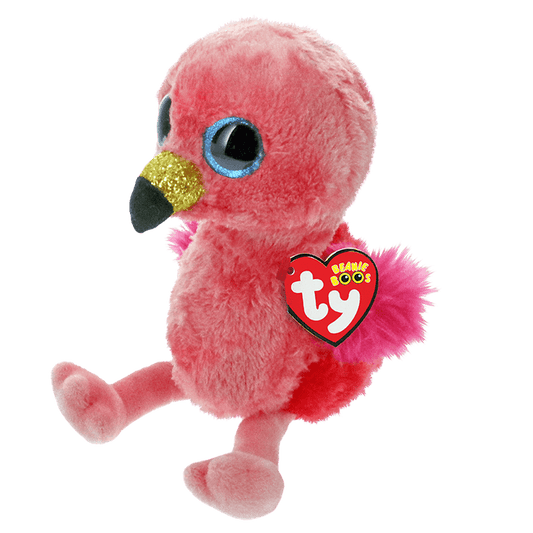 Side view of a pink plush flamingo with a heart-shaped Ty Beanie Boos tag on a white background