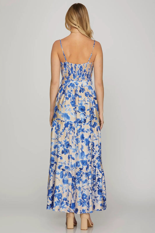 Blue Floral Cami Tiered Maxi Dress