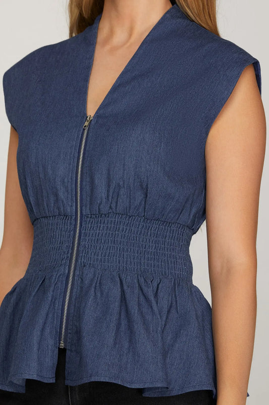 Zip Front Cinched Denim Top