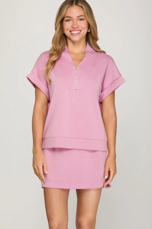High Neck Half-Zip Top in Pink