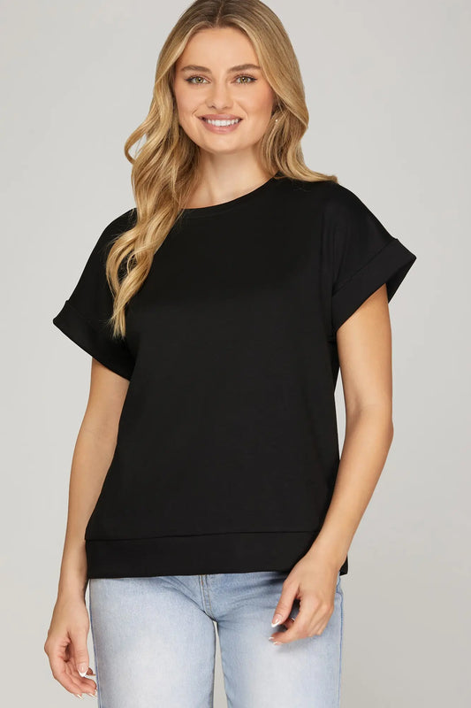 Cuffed Sleeve Knit Top in Black
