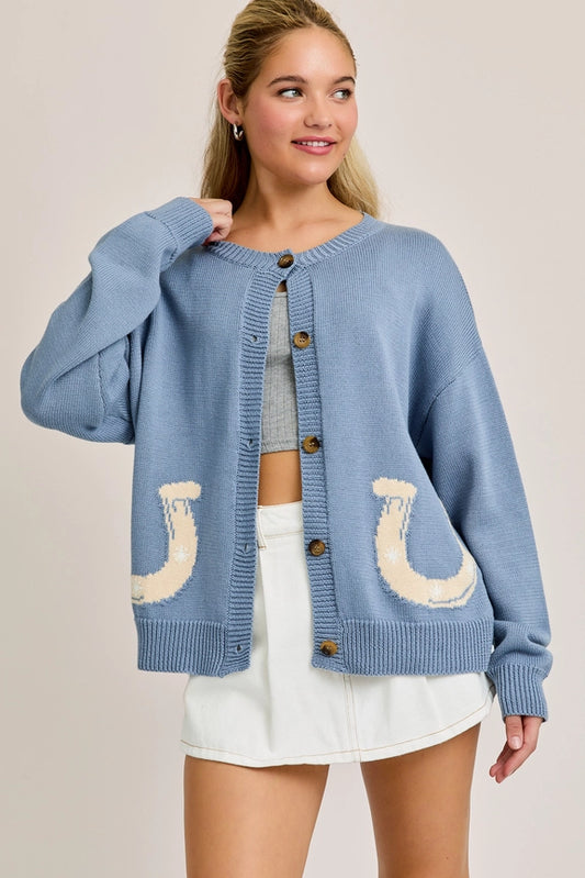 Horseshoe Graphic Long Sleeve Round Neck Cardigan