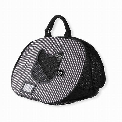Black and white checkered pet carrier with a cat design on a white background