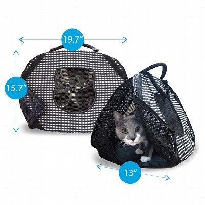 Pet carrier with a cat inside, showing dimensions on a white background