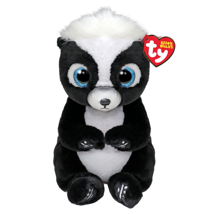Plush toy skunk with black and white fur and blue eyes, featuring a Ty Beanie Bellies tag.