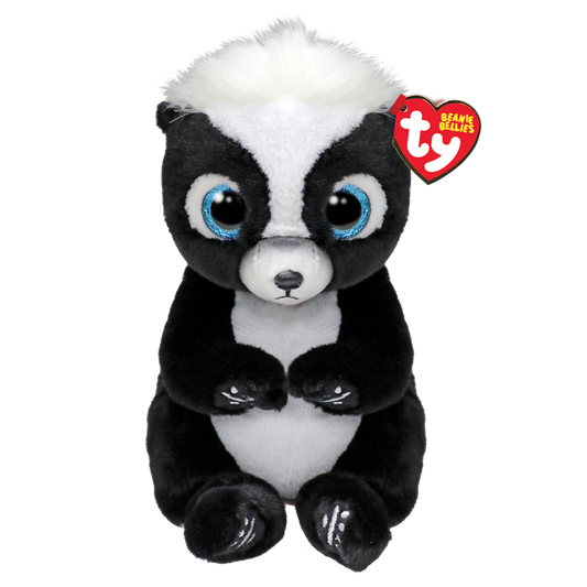 Plush toy skunk with black and white fur and blue eyes, featuring a Ty Beanie Bellies tag.