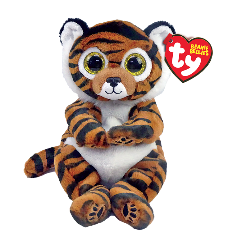 Plush tiger toy with a Ty Beanie Bellies tag on a white background
