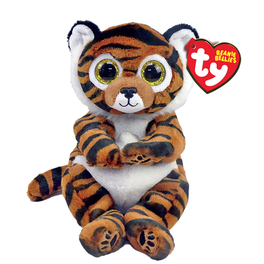 Plush tiger toy with a Ty Beanie Bellies tag on a white background