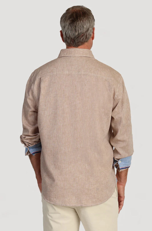 True Grit Washed Melange Linen Long Sleeve Shirt in Khaki