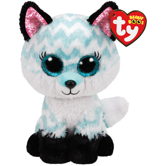 Plush toy fox with blue and white chevron pattern, black accents, and Ty Beanie Boos tag.