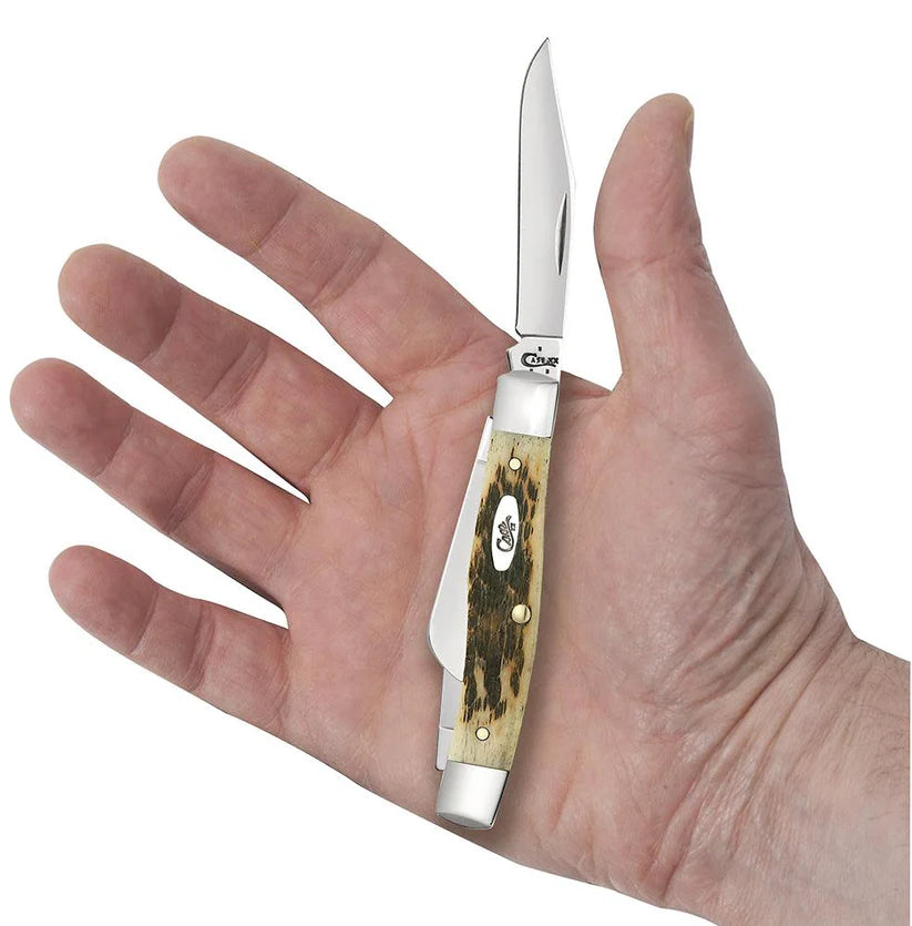 Case Peach Seed Jig Amber Bone Carbon Steel Medium Stockman with Pen Blade