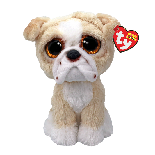 Plush English bulldog toy with a Ty Beanie Boos tag on a white background