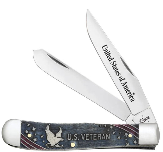 Case U.S. Veteran Gift Set Embellished Smooth Natural Bone with Blue and Red Color Wash Trapper