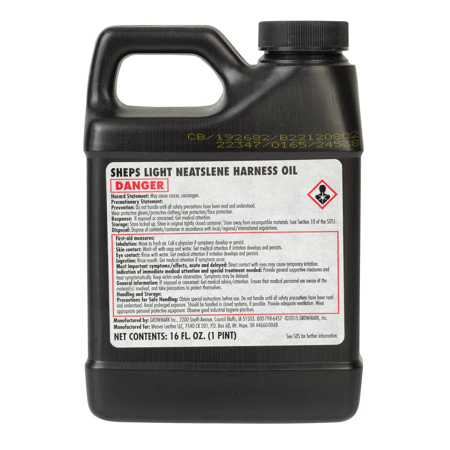 Container of Sheps Neatslene Harness Oil with ingredients shown on white background
