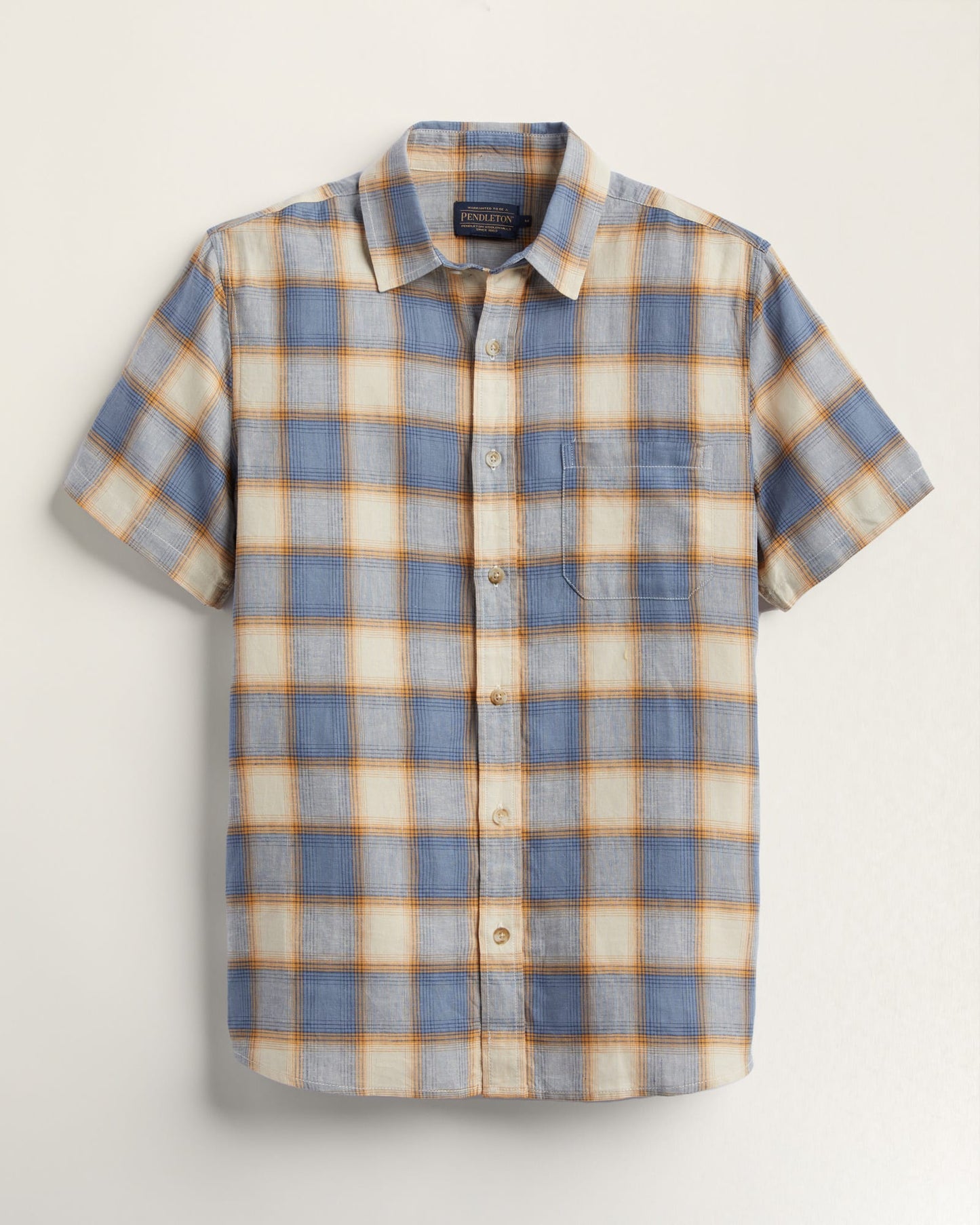 Pendleton Men's Short Sleeve Dawson Linen Shirt in Tan/Indigo Plaid