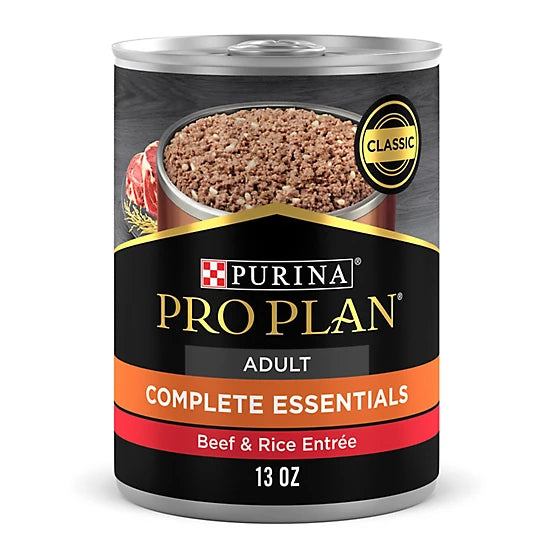 Can of Purina Pro Plan Adult Complete Essentials Beef & Rice Entrée on a white background