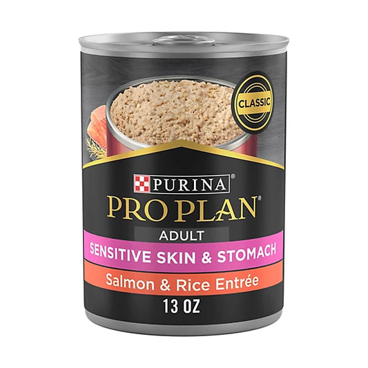 Can of Purina Pro Plan adult food for sensitive skin and stomach with salmon and rice entrée on a white background