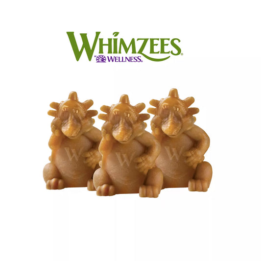 Three hedgehog-shaped chew toys with 'Whimzees' branding on a white background