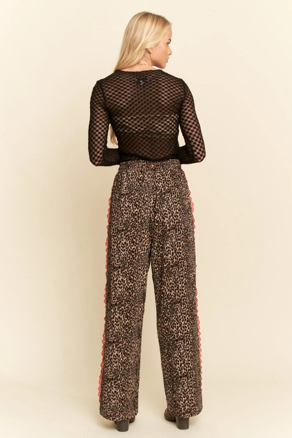 Davi & Dani Lace-Trim Leopard Wide Leg Pants