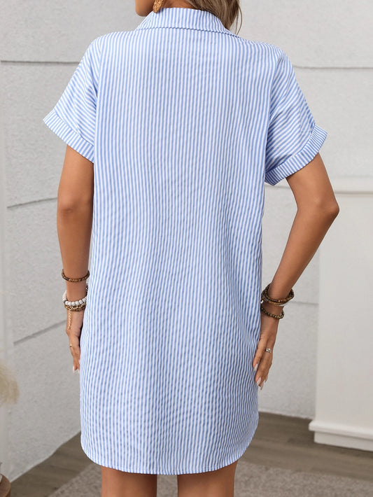 Short-Sleeved Striped Cotton Linen Dress