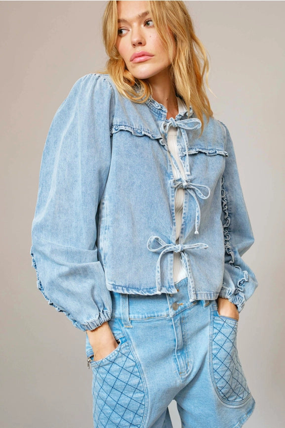 Blue B Ruffle Yoke Sleeve Tie Front Denim Jacket