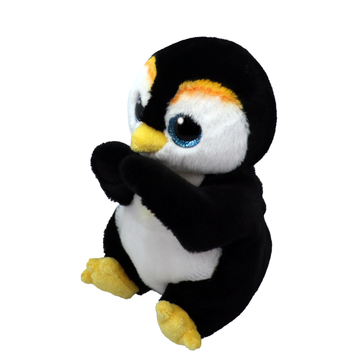 Side view of a plush penguin toy on a white background