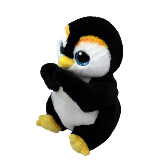 Side view of a plush penguin toy on a white background
