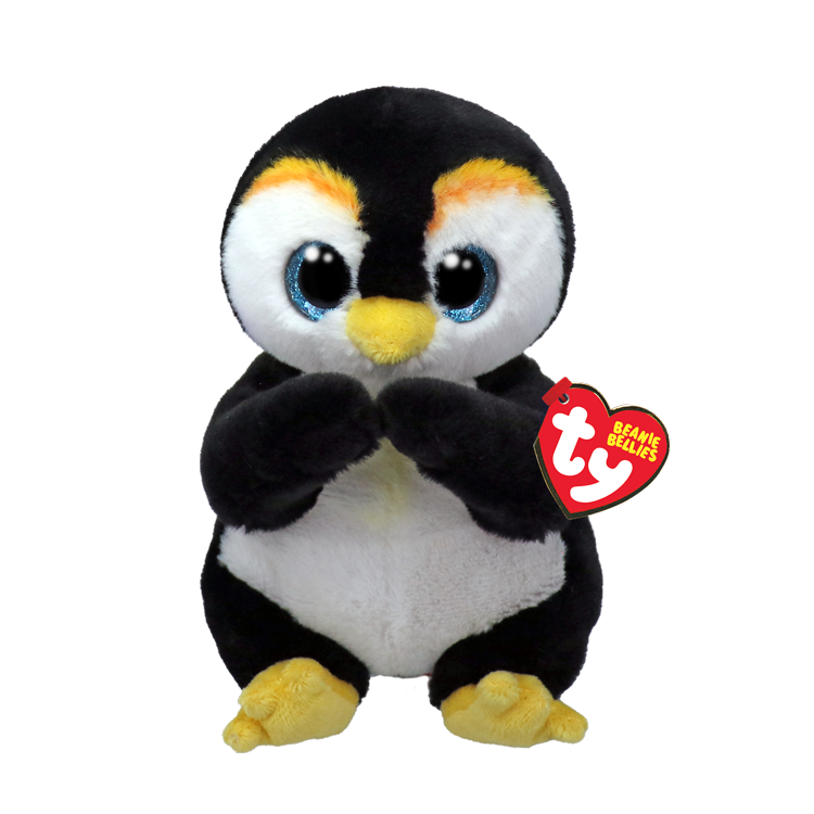 Plush penguin toy with a Ty Beanie Bellies tag, on a white background