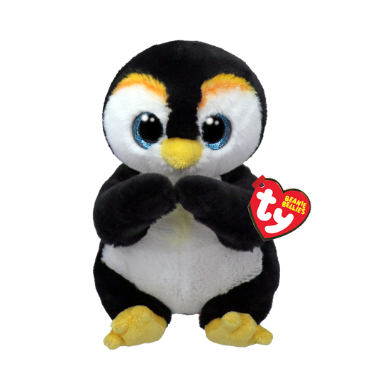 Plush penguin toy with a Ty Beanie Bellies tag, on a white background