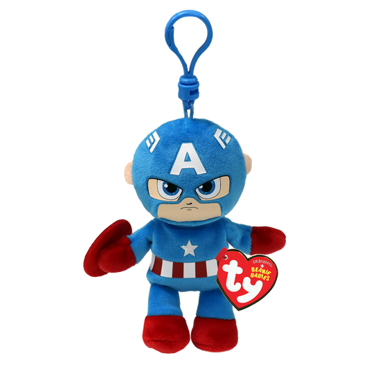 Plush keychain of Captain America with a visible Ty logo on a white background