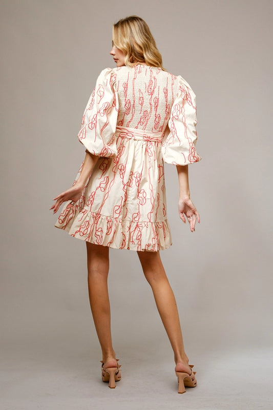 Blue B Embroidered Smocked Tie Waist Mini Dress