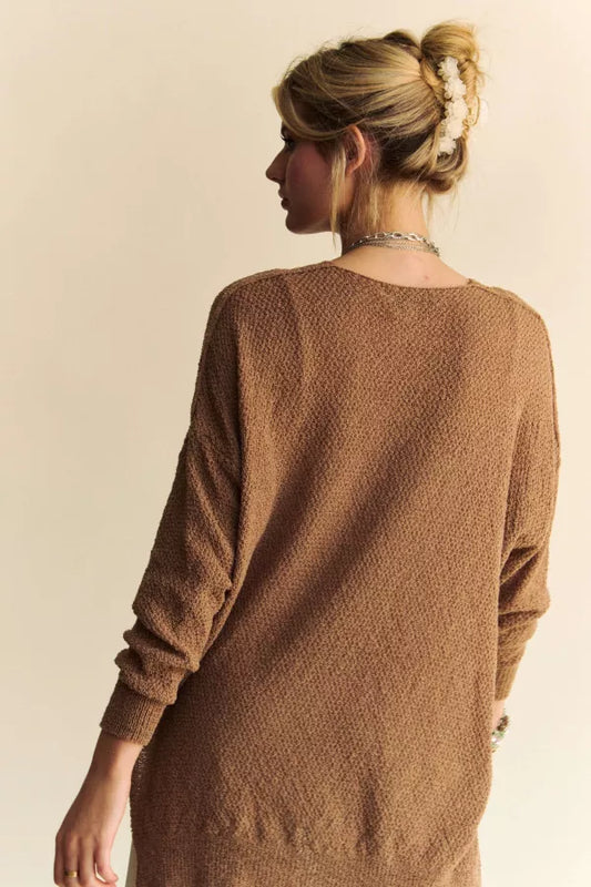Davi & Dani Mocha Textured Yarn Detail Relaxed Fit Sweater
