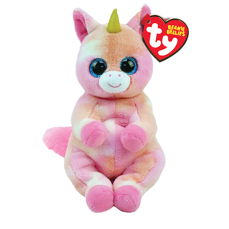 Plush unicorn toy with Ty Beanie Bellies tag, on a white background